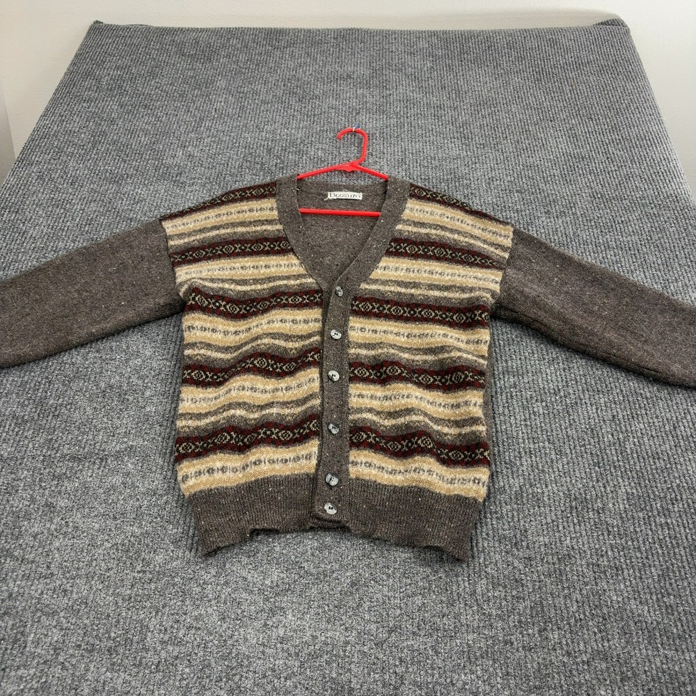 Vintage Bizzarro Cardigan Mens Brown Wool Blend Fair Isle Striped Grandpacore